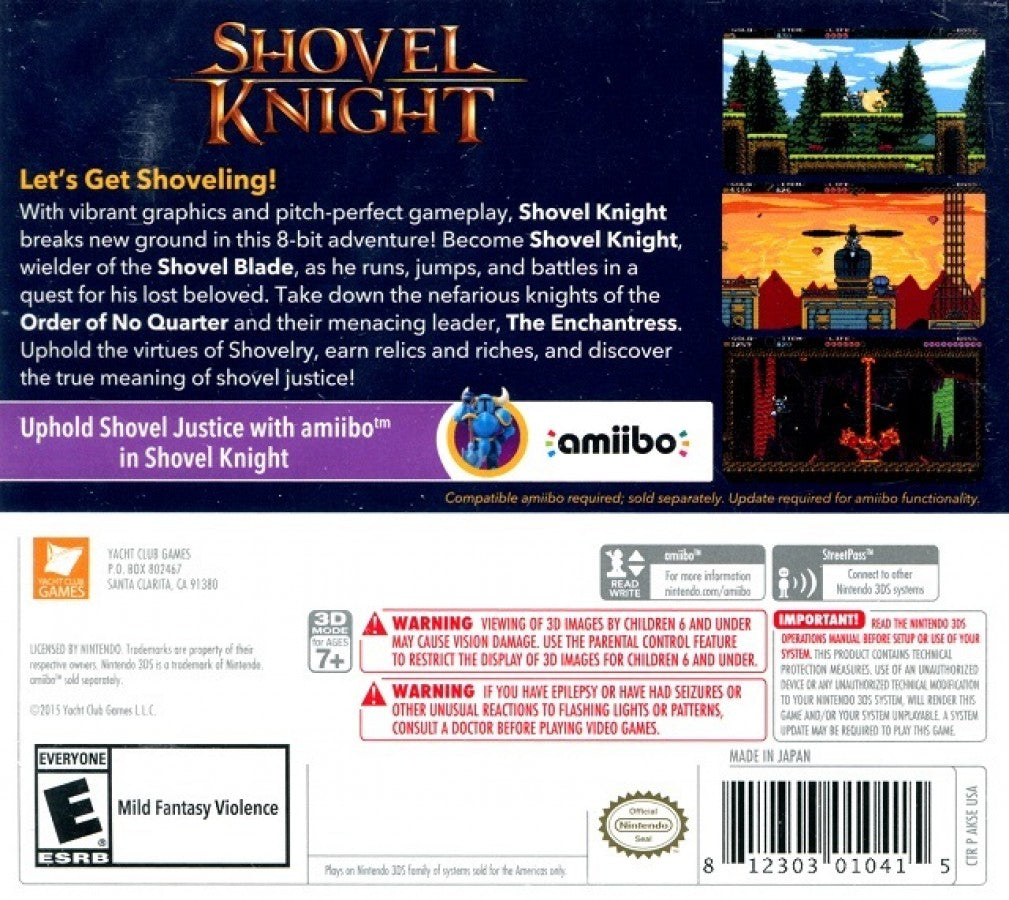 Shovel Knight back of case for Nintendo 3DS (3DS) action platformer video game