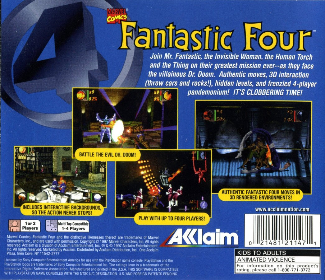 Fantastic Four retro superhero action beat 'em up game for PlayStation 1 (PS1) back of case
