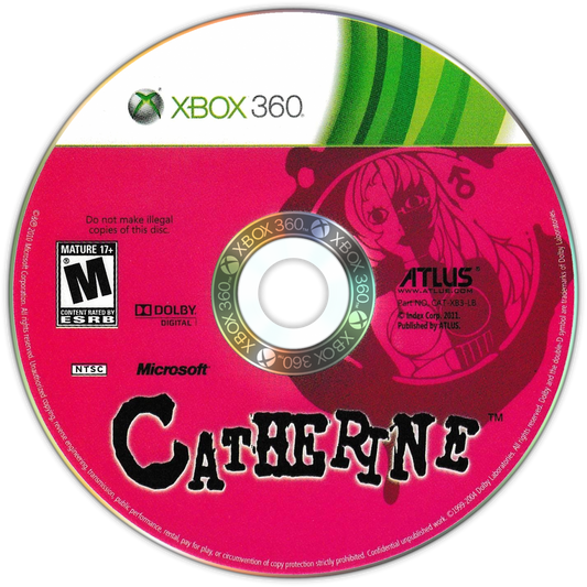 Catherine game for the Xbox 360 featuring puzzle platforming gameplay combined with story driven adult themed narrative multiple endings and moral choices as the protagonist Vincent navigates nightmares and relationship drama disc