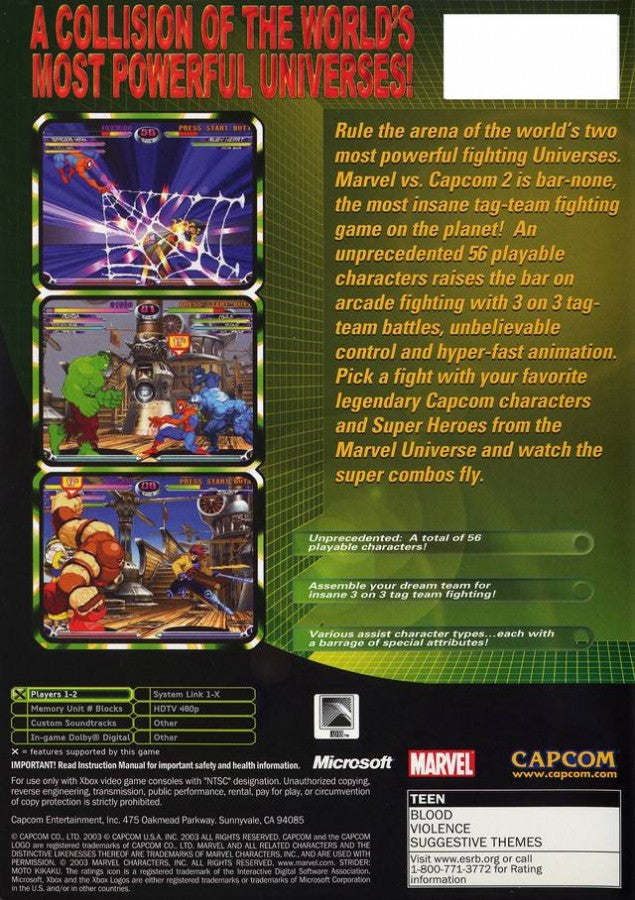 Marvel vs. Capcom 2 Xbox featuring fast-paced 2D fighting gameplay with classic Marvel and Capcom characters back cover art