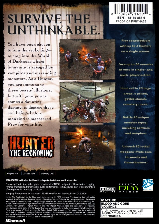 Hunter: The Reckoning retro Xbox video game Hunter The Reckoning co op action horror hack and slash survival combat monster fighting multiplayer dungeon style gameplay console title Xbox release back of case