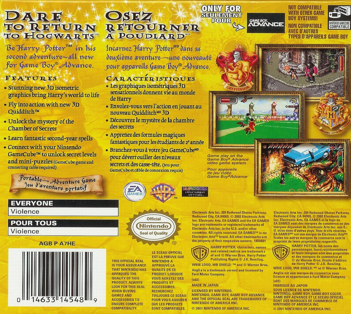 Harry Potter and the Chamber of Secrets for Game Boy Advance, back of case for an action-adventure role-playing video game with spell casting, exploration, puzzle-solving, and wizarding world gameplay
