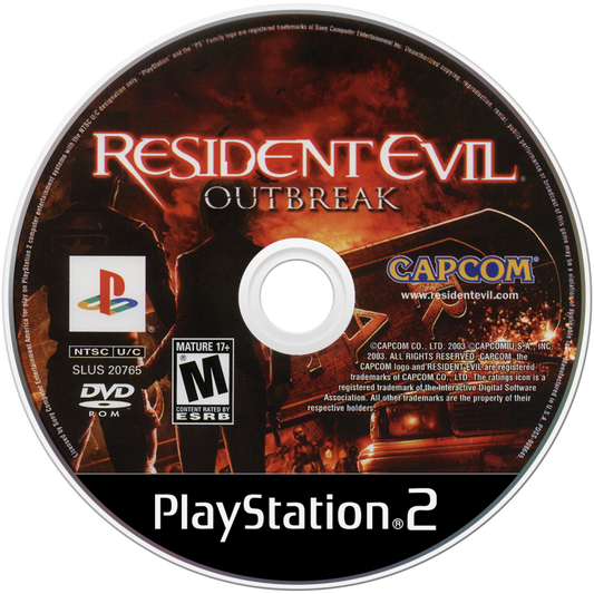 Resident Evil: Outbreak – PlayStation 2 (PS2) video game disc, survival horror title.