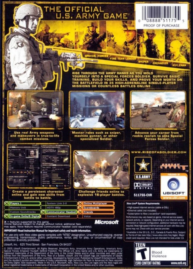 America's Army: Rise of a Soldier back cover art for Xbox (XBOX) video game