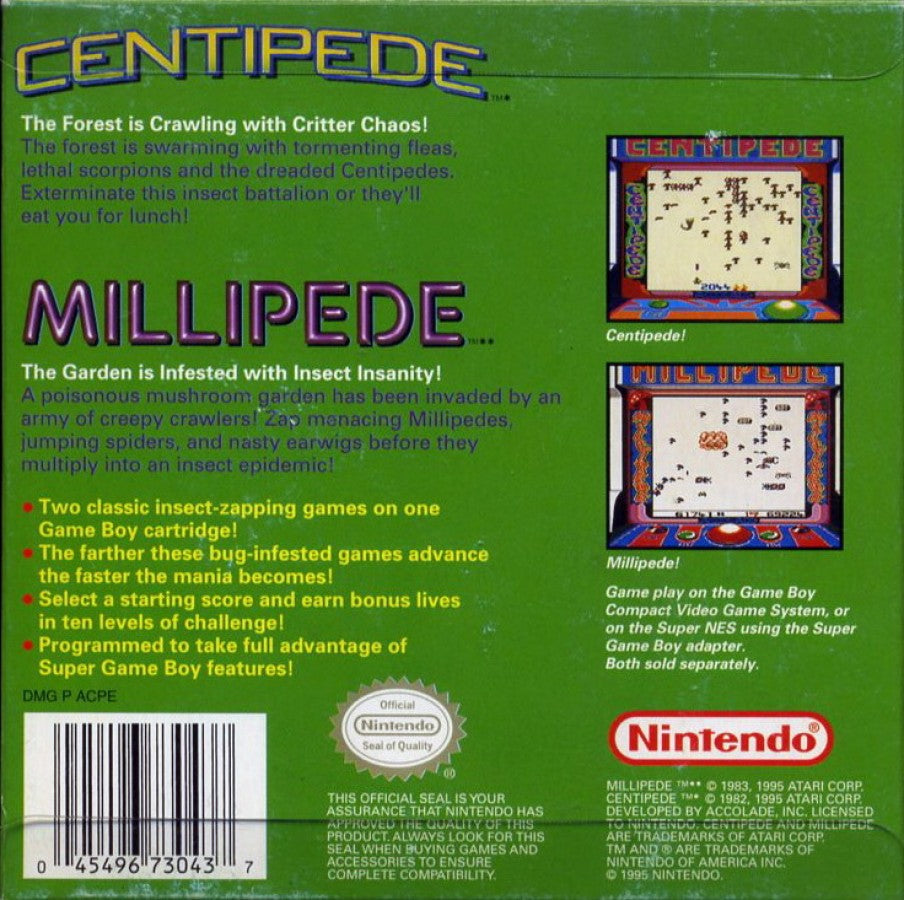 Arcade Classic 2 Centipede and Millipede for Game Boy, back of case for an arcade shooter compilation video game with fast-paced insect blasting gameplay, score-based challenges, and retro action