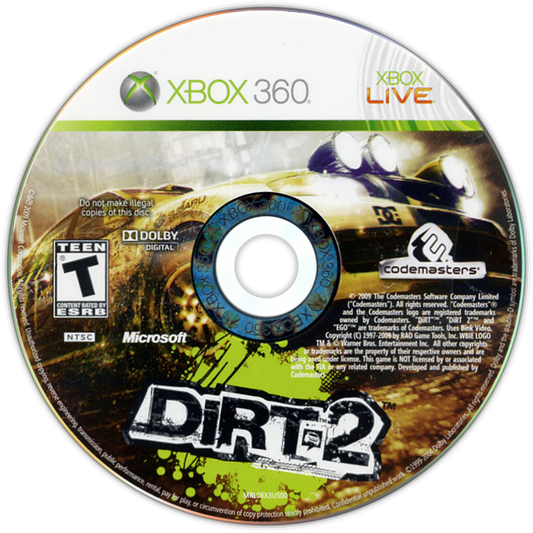 DiRT 2 for Xbox 360 off road racing video game featuring rally and extreme motorsports events dynamic tracks realistic handling competitive multiplayer and immersive Codemasters racing experience disc