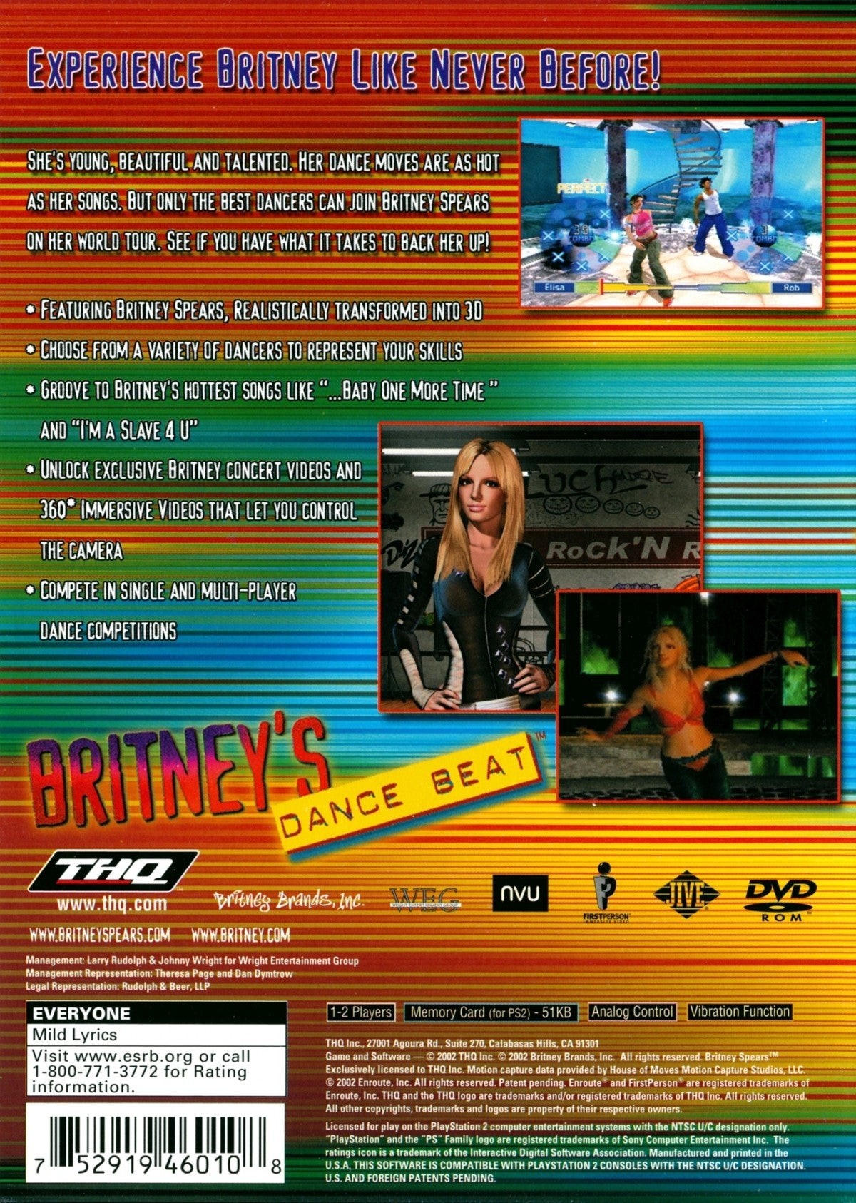 Britney’s Dance Beat for PlayStation 2 with rhythm-based pop music dance theme back cover art