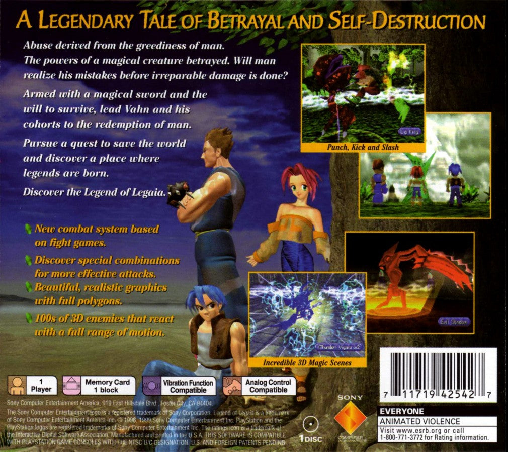 Legend of Legaia Sony PlayStation PS1 video game featuring role playing gameplay turn based combat martial arts attacks character abilities fantasy adventure exploration mystical environments monster battles quests and classic 32 bit PlayStation gameplay retro video game collection collectible gaming appeal back cover art