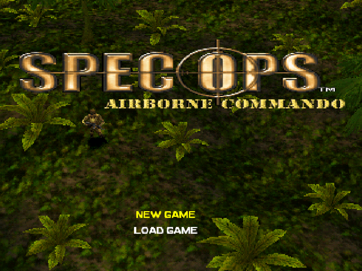 Spec Ops: Airborne Commando start screen for PlayStation 1 (PS1) third-person shooter video game