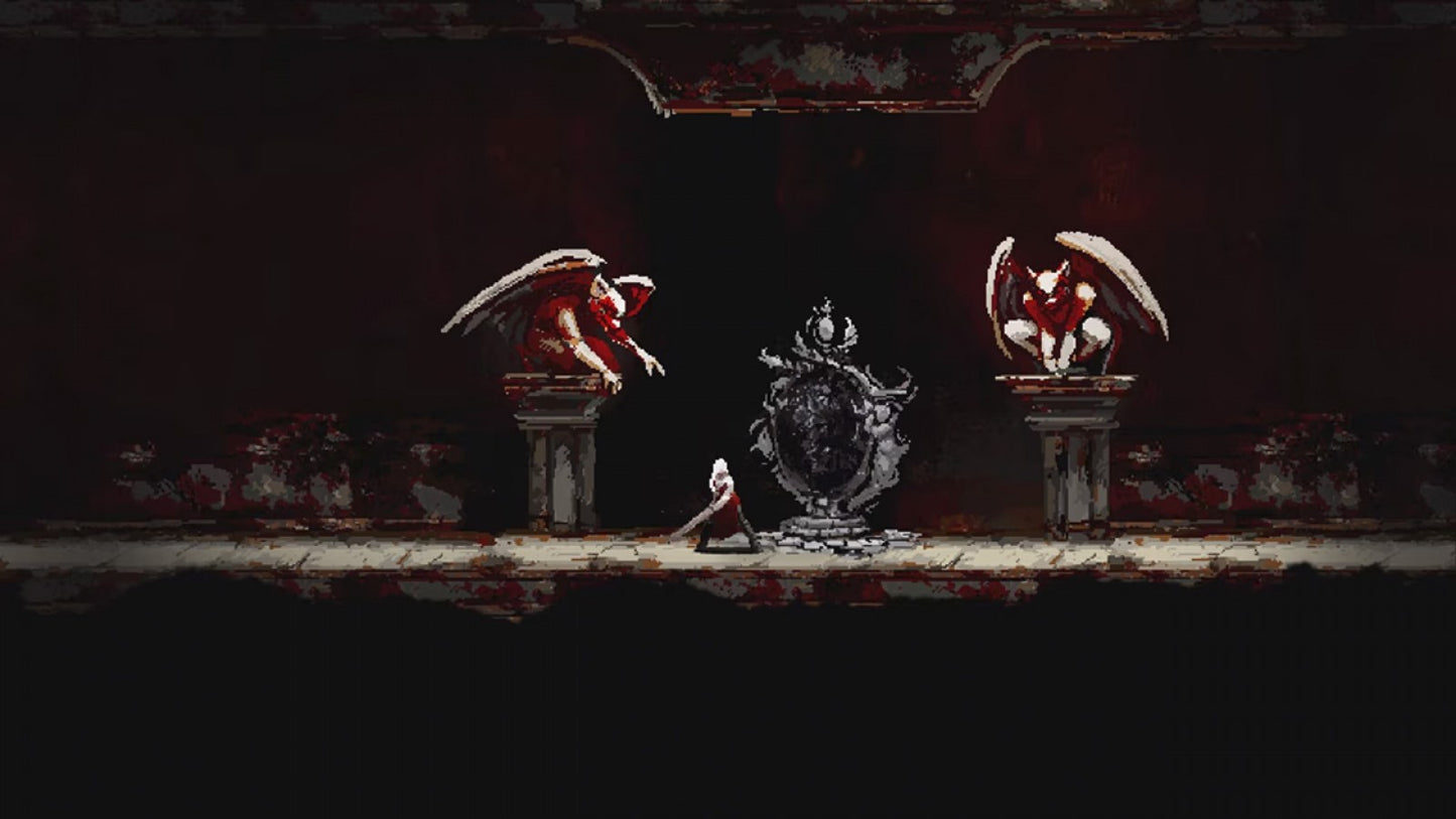 Moonscars Nintendo Switch inspired design featuring dark fantasy action platformer aesthetic gothic pixel art visuals brutal combat mysterious alchemical world atmospheric exploration challenging boss battles haunting metroidvania gameplay presentation gameplay