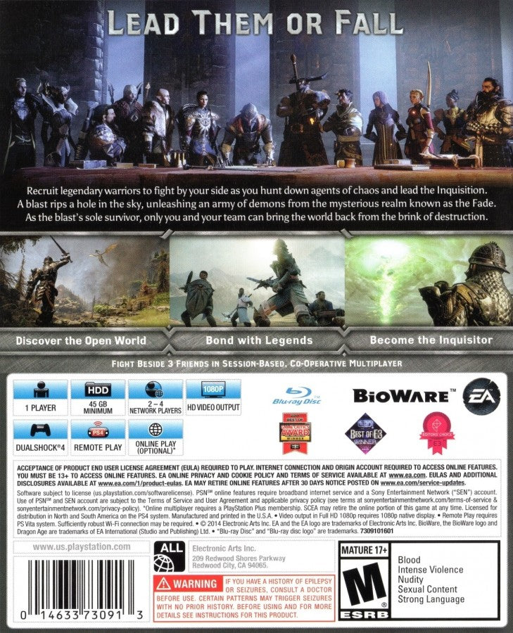 Dragon Age: Inquisition retro PS4 video game Dragon Age Inquisition fantasy action RPG open world adventure party based combat story driven role playing game console release back cover