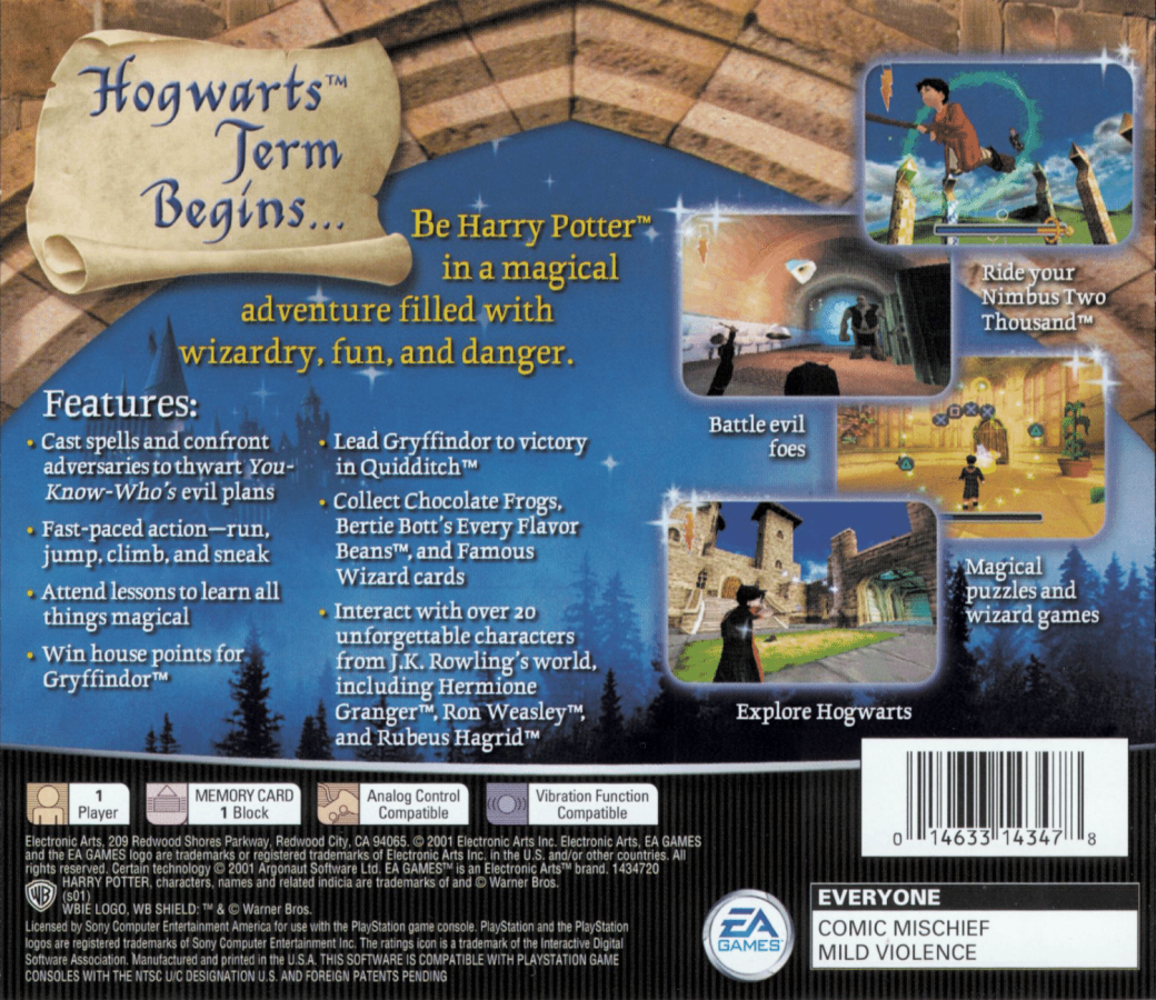 Harry Potter and the Sorcerer's Stone back of case for PlayStation 1 (PS1) retro video game