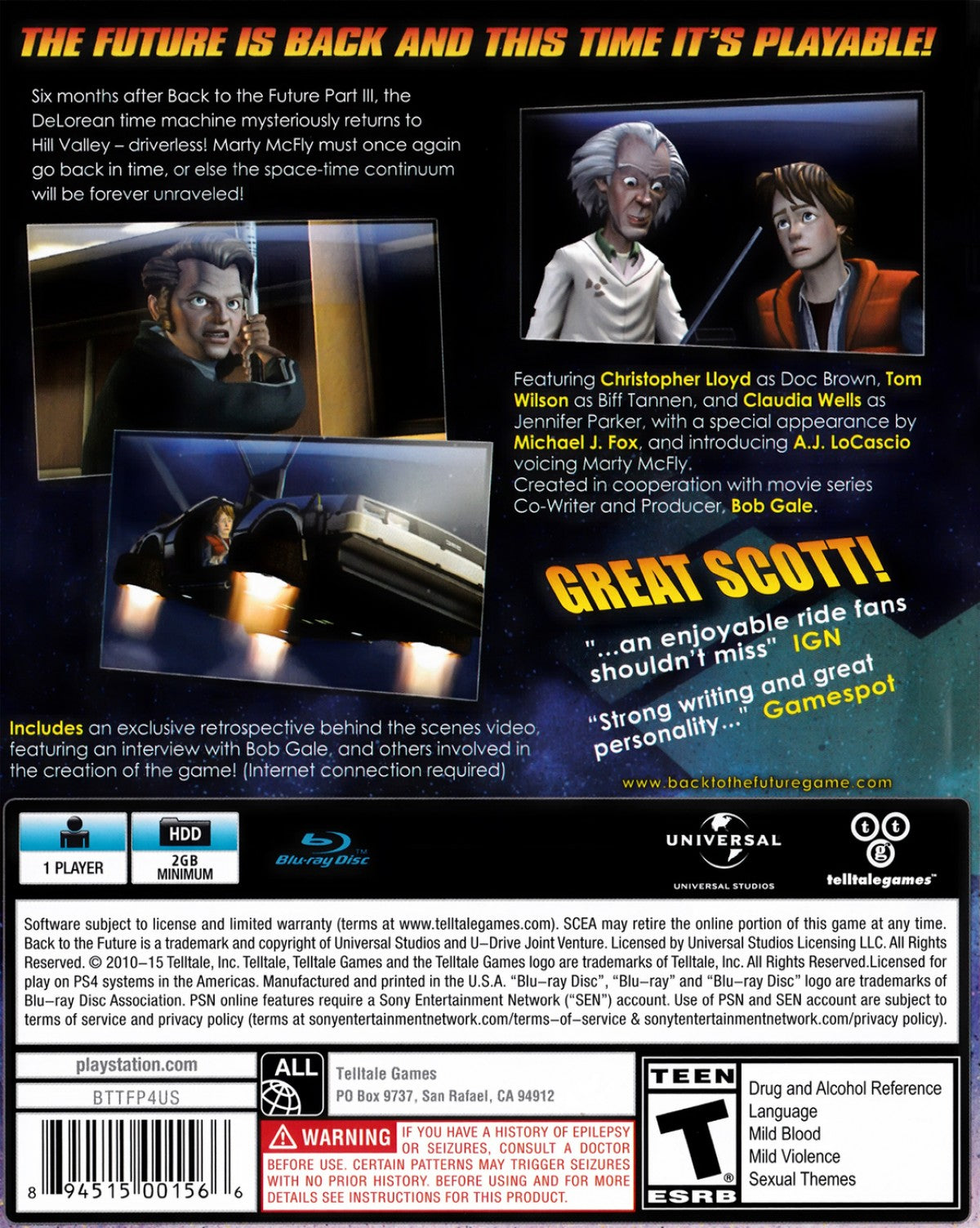 Back to the Future: The Game 30th Anniversary back of case for PlayStation 4 (PS4) adventure story-driven video game
