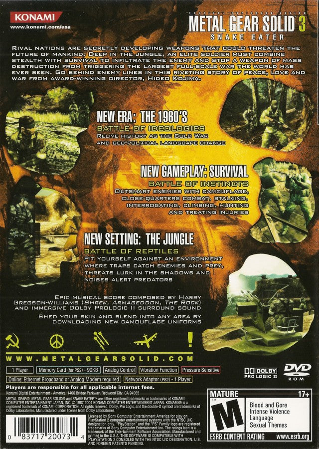 Metal Gear Solid 3 Snake Eater back cover art for Playstation 2 (PS2) video game.