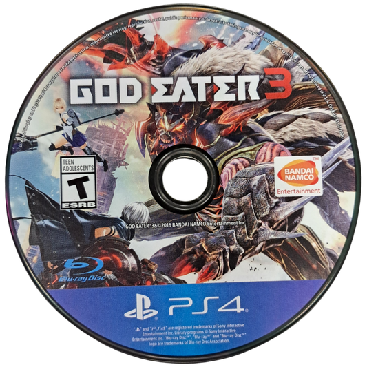 God Eater 3 PlayStation 4 action hunting RPG anime apocalypse Aragami monsters custom God Arc co-op multiplayer missions character creation Bandai Namco disc art