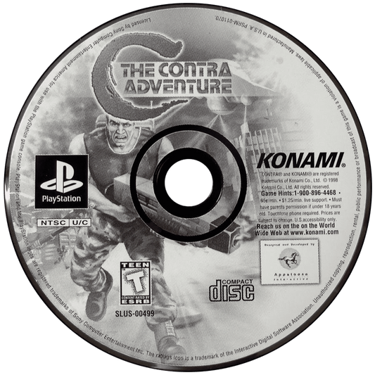C The Contra Adventure PS1 PlayStation 1 run and gun action shooter platform game Contra series arcade style combat retro video game disc