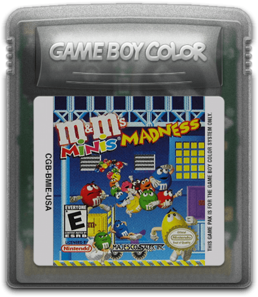 M&M Mini's Madness Game Boy Color GBC puzzle action video game featuring colorful M&M's characters fast-paced challenges maze-style gameplay collectible items obstacles entertaining levels and classic Game Boy Color GBC gaming collectible retro gaming appeal GBC Cartidge