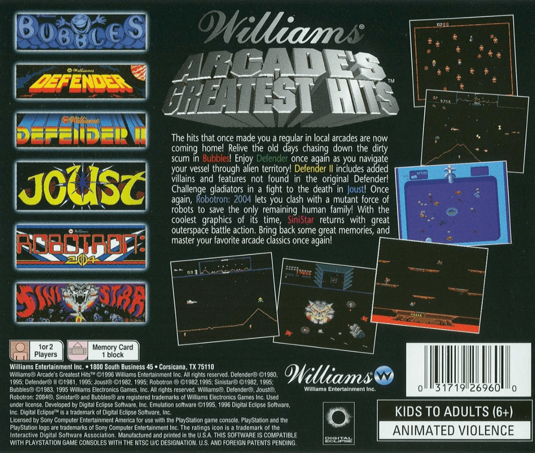 Williams Arcade's Greatest Hits back of case for PlayStation 1 (PS1) arcade compilation video game