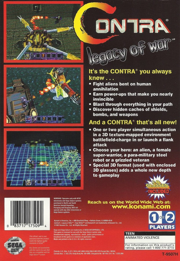 Contra Legacy of War Sega Saturn third person shooter action game run and gun Contra series sci fi combat alien enemies multiplayer co op Konami retro Saturn game Sega Saturn software video game title back cover