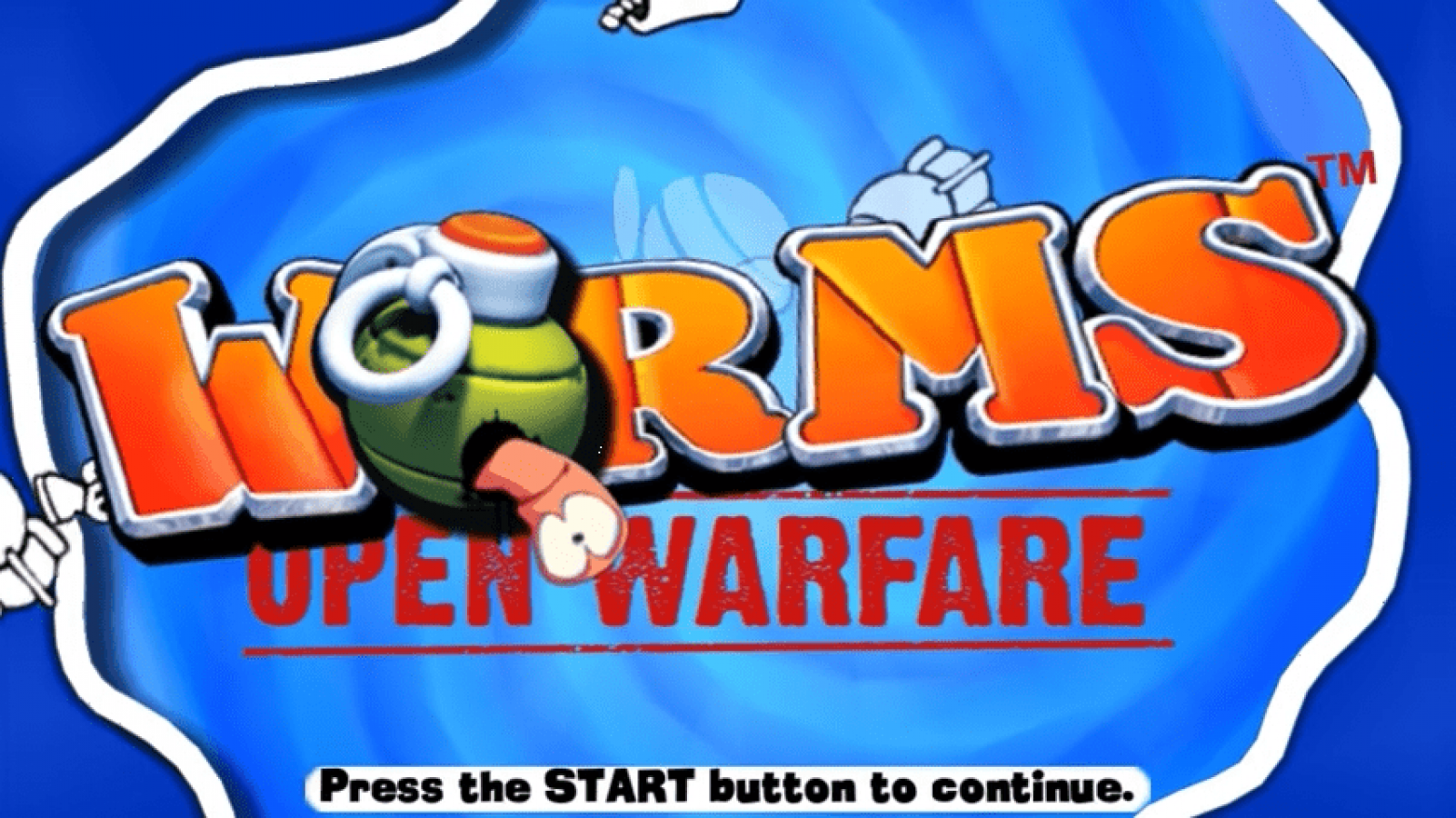 Worms Open Warrfare titlescreen for Playstation Portable (PSP) video game.