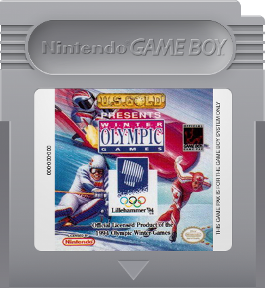 Winter Olympic Games Lillehammer 94 Game Boy GB cartridge for retro video game enthusiasts featuring multi event sports gameplay winter Olympic competition alpine skiing speed skating ski jumping and track events simple arcade style controls and portable handheld classic sports gaming experience and collectible gaming appeal
