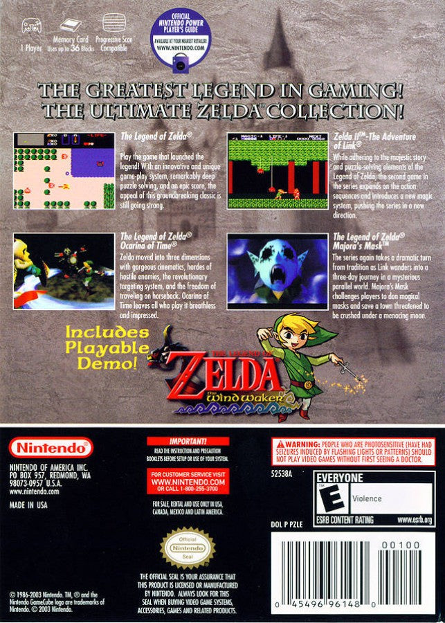 The Legend of Zelda GameCube video game featuring classic Nintendo adventure gameplay iconic Link hero fantasy exploration puzzles combat and collectible retro console title back cover