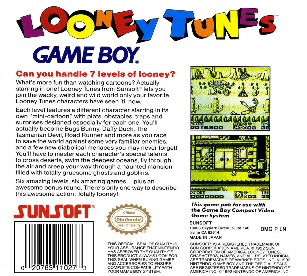 Looney Tunes back cover art for Game Boy (GB) video game