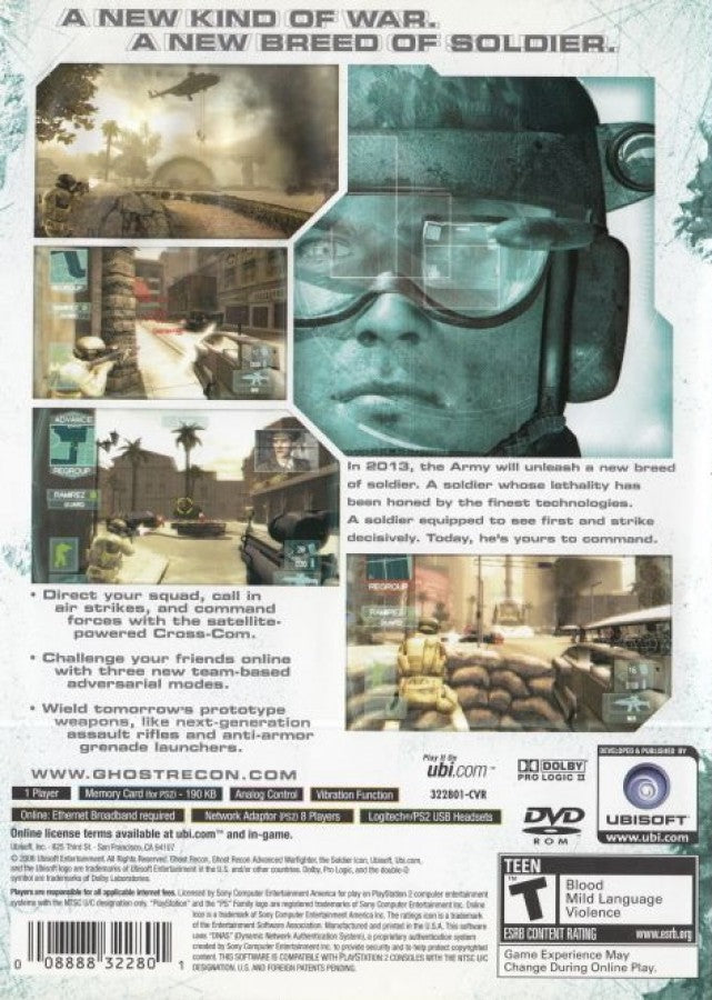 Tom Clancy's Ghost Recon: Advanced Warfighter for PlayStation 2 (PS2) featuring tactical third person shooting with squad commands and modern military gear in an urban combat campaign; plan your approach issue orders and complete objectives with Ghost Recon style realism on PS2 back cover
