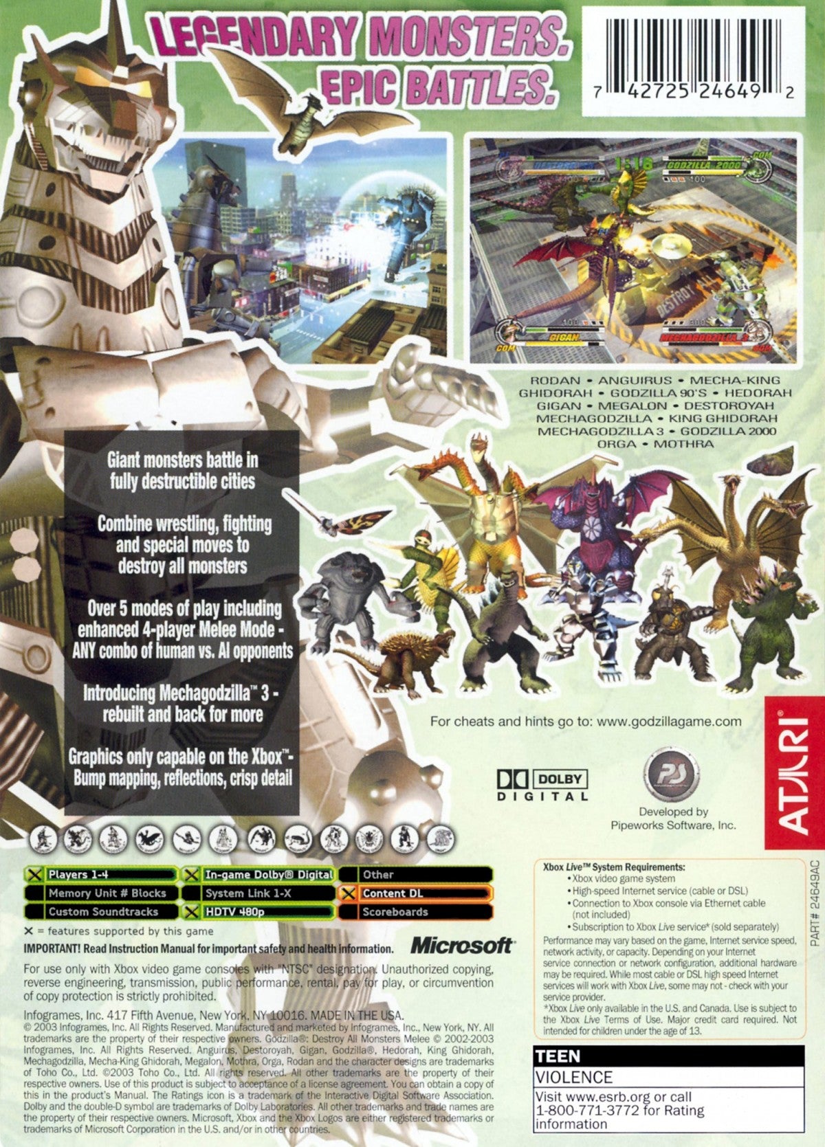 Godzilla Destroy All Monsters Melee game featuring arena fighting gameplay with giant kaiju battles destructible cities and multiplayer combat as iconic Godzilla monsters clash in arcade style action back cover