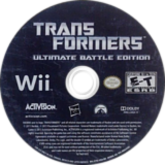 Transformers: The Game disc art for Nintendo Wii (Wii) featuring battles with Autobots and Decepticons in film‑based missions