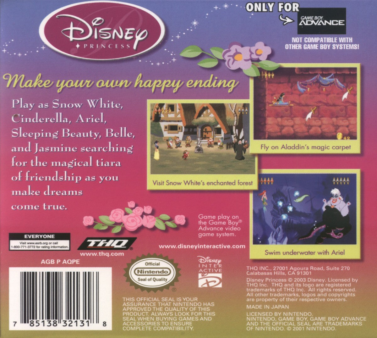 Disney Princess for Game Boy Advance with adventure and story-driven gameplay featuring popular Disney Princess characters back cover