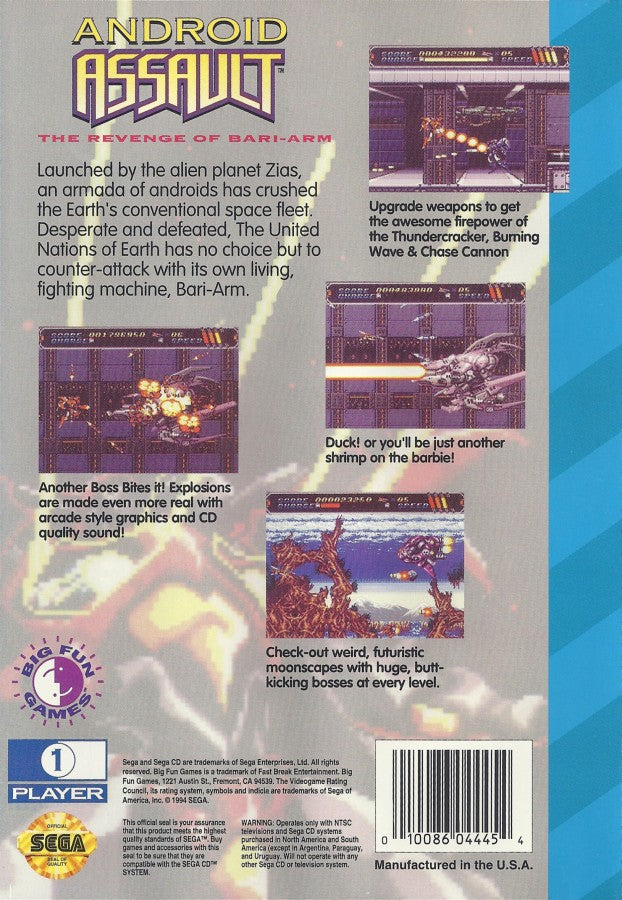 Android Assault Sega CD side scrolling shoot em up shmup anime style space combat mech shooter CD quality soundtrack fast paced arcade action Japanese style sci fi gameplay retro gaming Sega CD software video game title back cover art