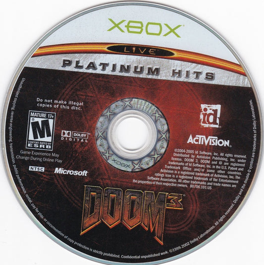 Doom 3 Platinum Hits disc cover art for XBOX video game.