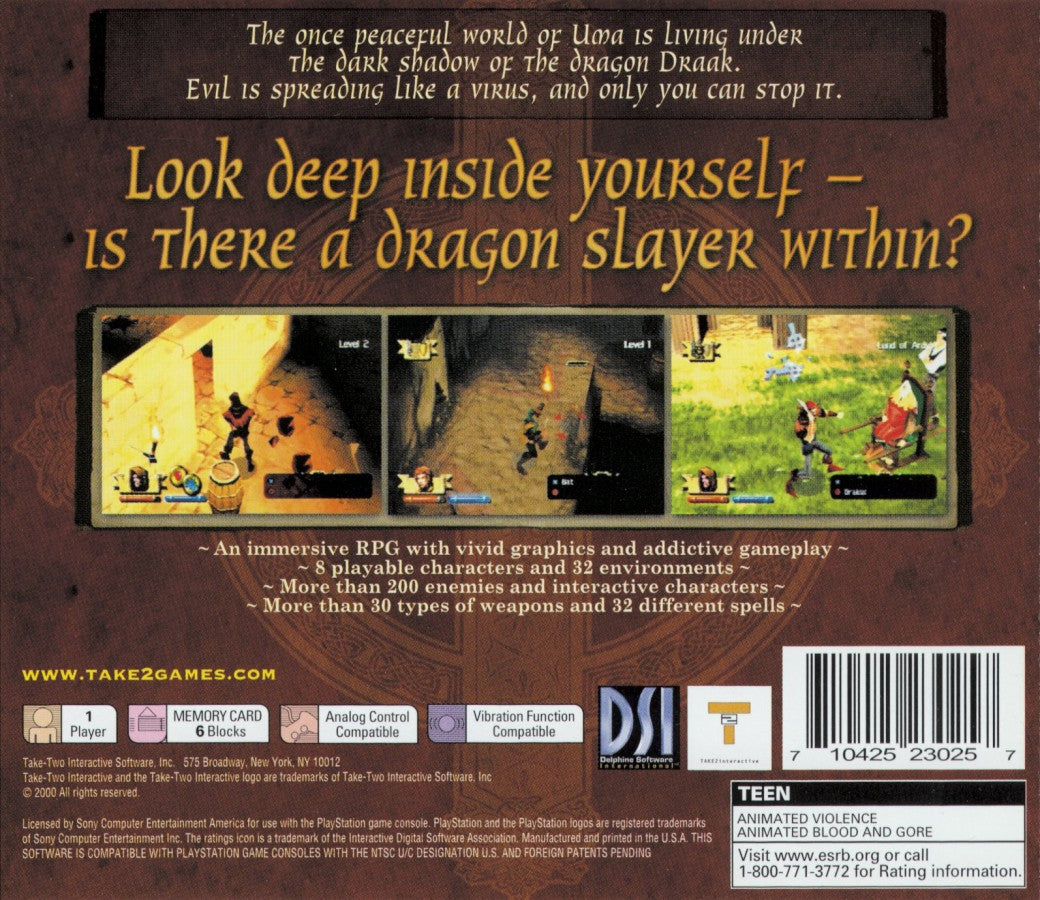 Darkstone PS1 PlayStation 1 action RPG dungeon crawler fantasy hack and slash loot based gameplay retro video game back of case