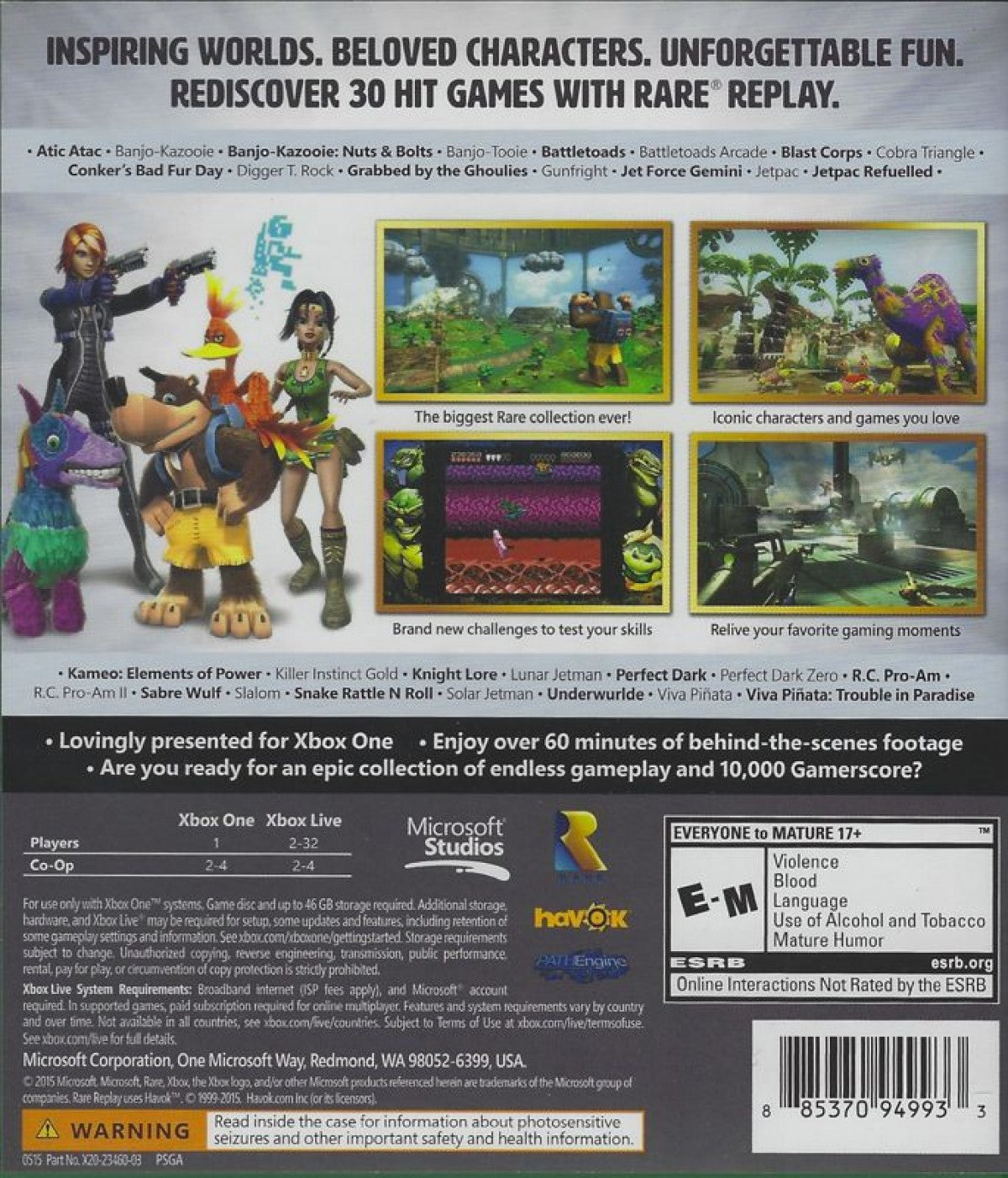 Rare Replay – Xbox One (XONE) back of case for compilation of classic action-adventure and platformer video games