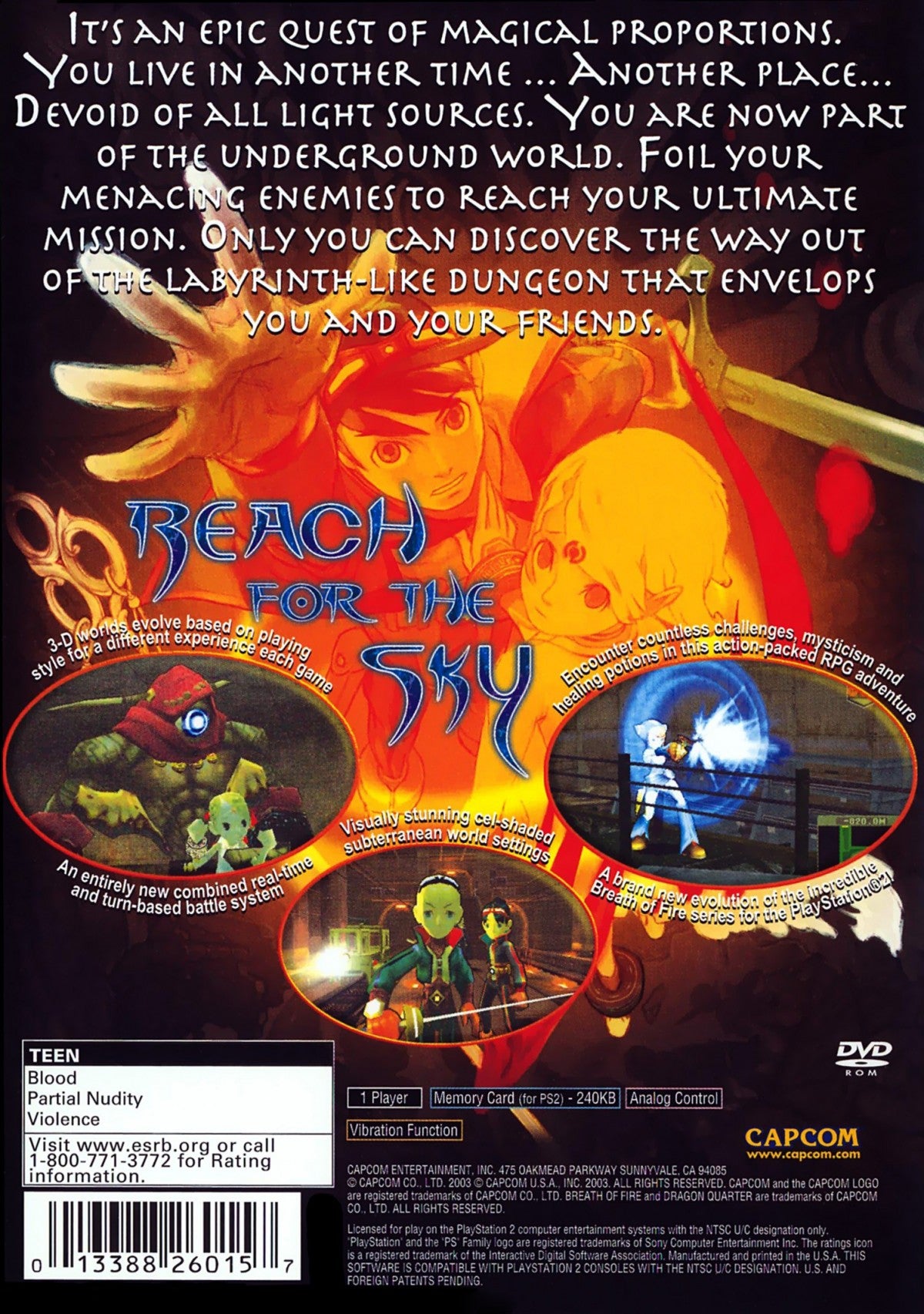 Breath of Fire Dragon Quarter PS2 Sony PlayStation 2 JRPG role playing game Capcom turn based combat survival dungeon crawling sci fi fantasy dragon transformation D ratio system strategic gameplay story driven adventure retro gaming PlayStation 2 software video game title back cover art