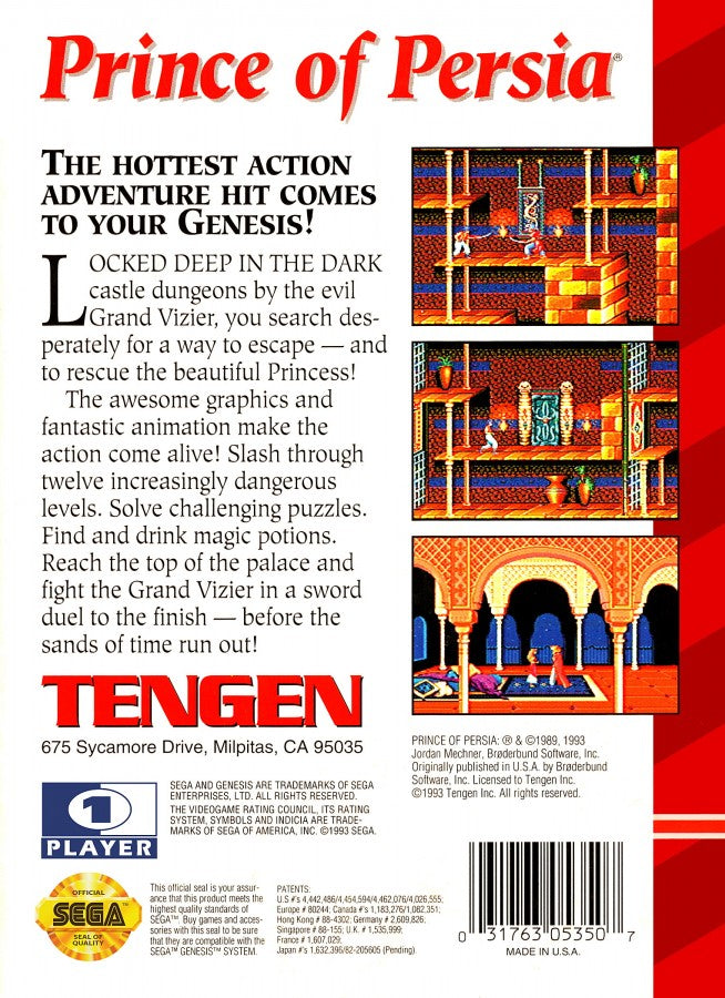 Prince of Persia back cover art for Sega Genesis (GEN) video game