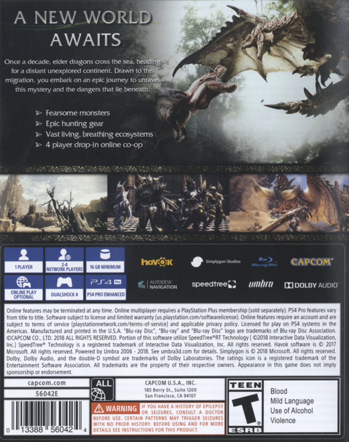 Monster Hunter World – PlayStation 4 (PS4) video game back of case, action role-playing hunting monsters game