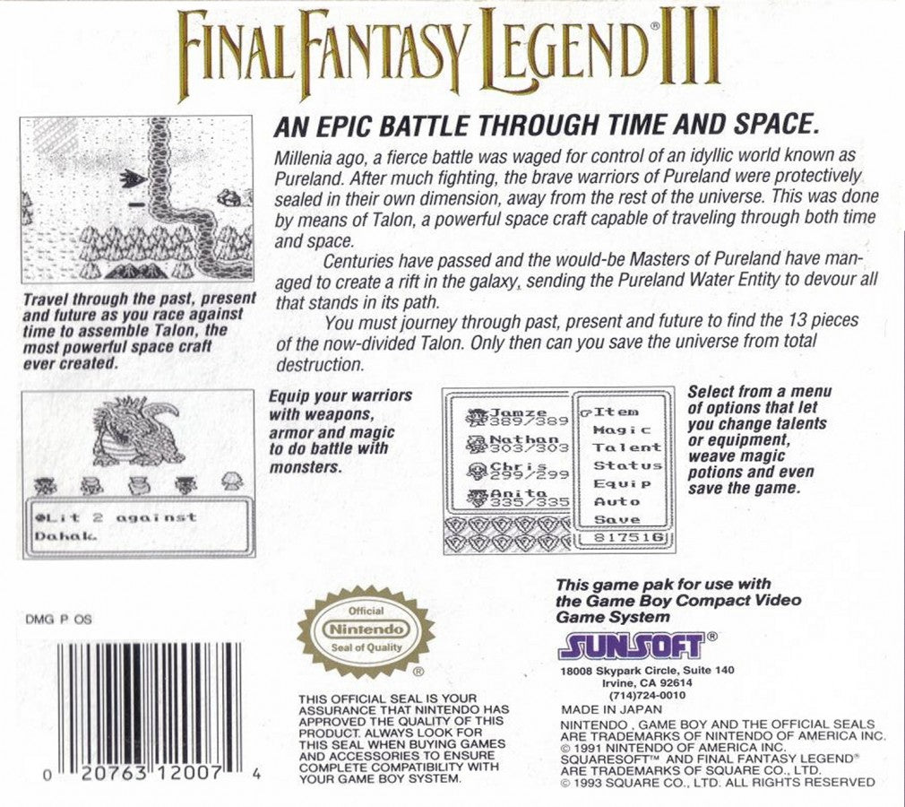 Final Fantasy Legend III Game Boy turn-based RPG SaGa series time travel story party system robot mutant human classes back cover art