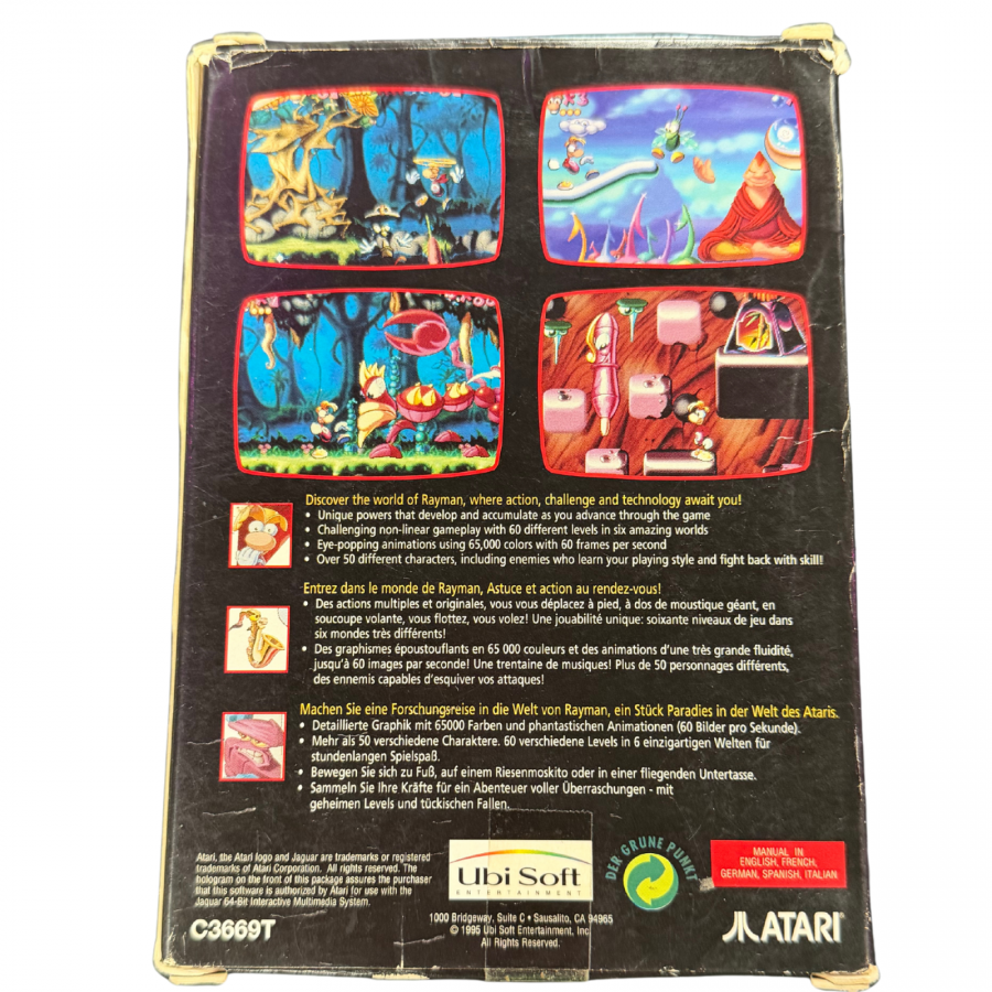 Rayman Atari Jaguar Rayman platformer game cartridge retro 90s side scrolling adventure classic platforming title fantasy worlds collectible game back of box