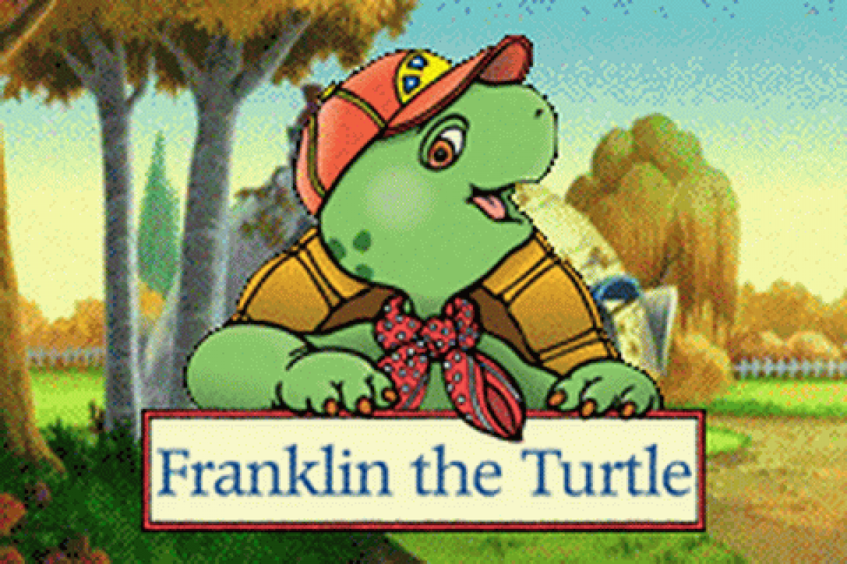 Cartoon turtle character wearing a red cap and bow tie with 'Franklin the Turtle' text.