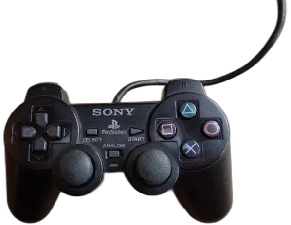 Official Sony DualShock 2 wired controller for PlayStation 2 featuring analog sticks, directional pad, four action buttons, and dual shoulder buttons