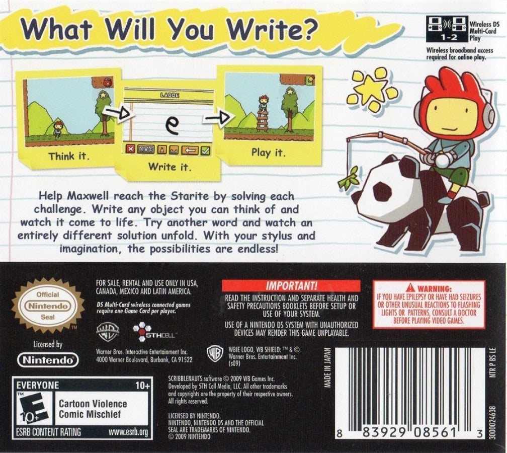 Scribblenauts back of case for Nintendo DS (DS) puzzle action video game