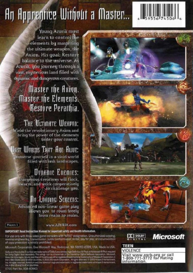 Azurik: Rise of Perathia back cover art for Xbox (XBOX) video game