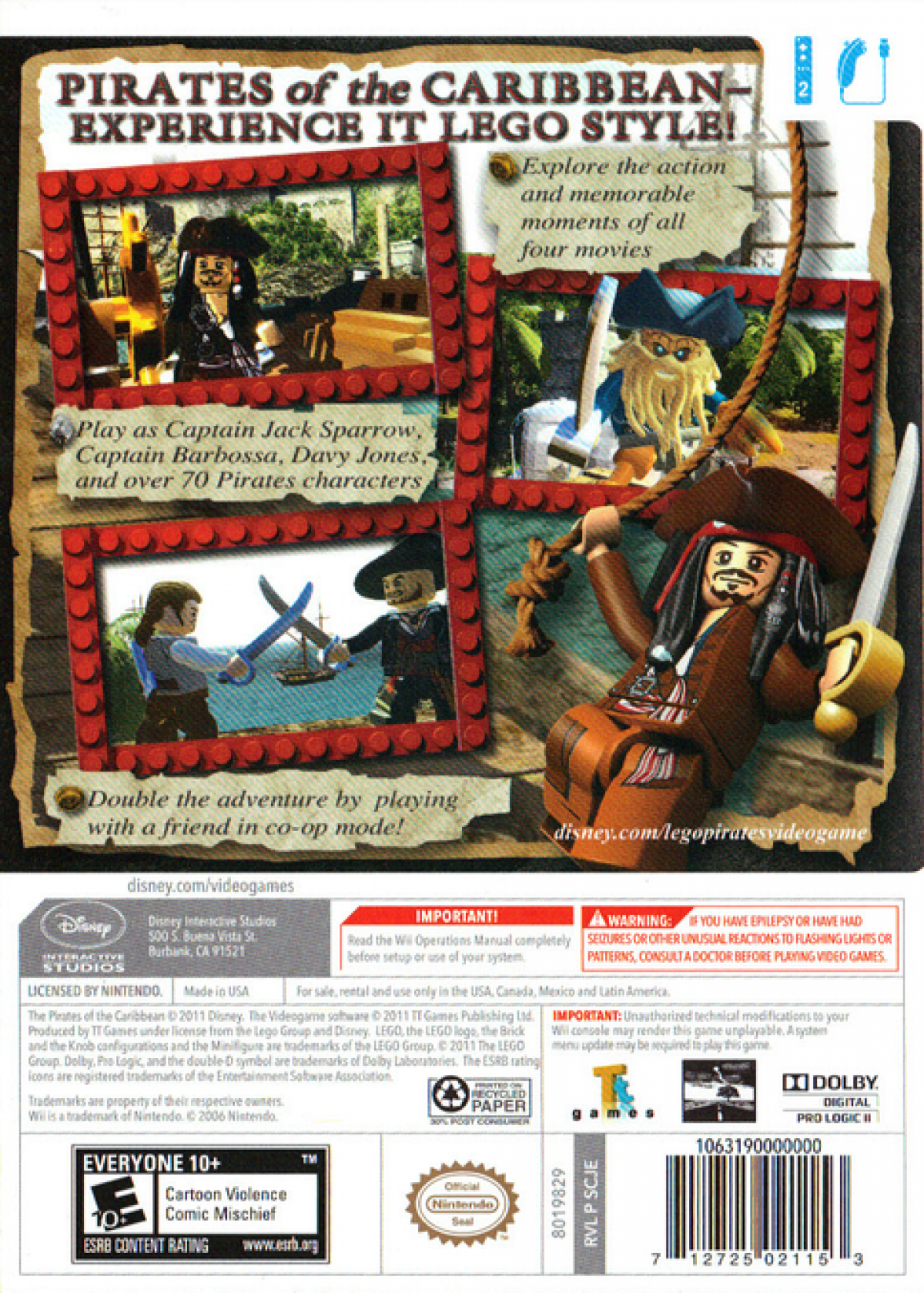 LEGO Pirates of the Caribbean: The Video Game – Nintendo Wii (Wii) action-adventure platformer video game back of case