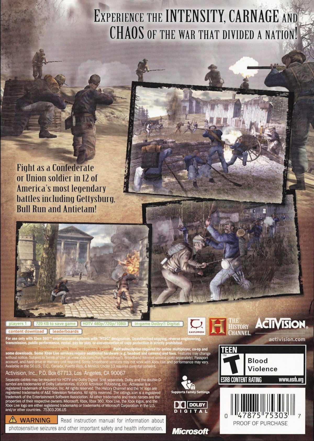 Civil War A Nation Divided Xbox 360 first person shooter FPS American Civil War historical war game Union Confederate battles musket combat campaign missions strategy elements Cauldron Ltd Midas Interactive Xbox 360 software video game title back cover