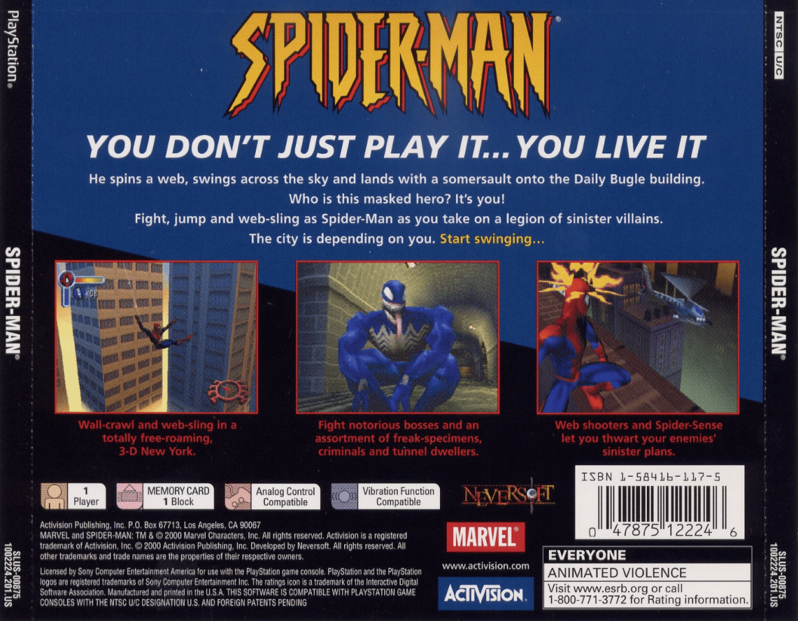 Spider-Man back of case for PlayStation 1 (PS1) action-adventure video game