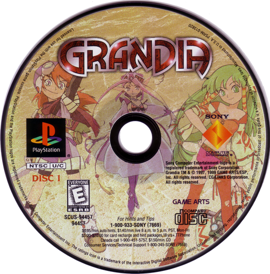 Grandia for PlayStation 1 classic JRPG featuring turn based battle system anime style story adventure exploration fantasy role playing gameplay disc 1