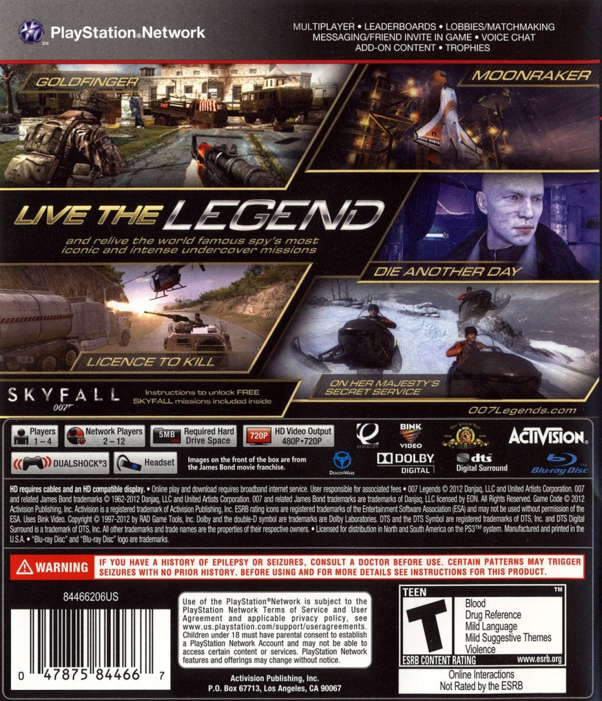 007: Legends for PlayStation 3 (PS3) at Gamers INC, featuring an ambitious first-person shooter that ties together six classic Bond films—including Goldfinger, Moonraker, and Skyfall—into a single overarching narrative where you employ gadgetry, stealth, and elite gunplay to relive the most iconic moments of James Bond’s legendary career back cover