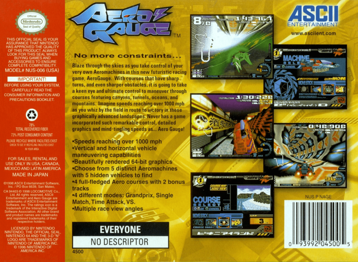 Aero Gauge back cover art for Nintendo 64 N64 video game